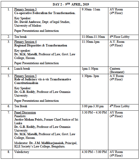 Programme Schedule for Day 2 of the KLES LC conference on Transformative Constitutionalism